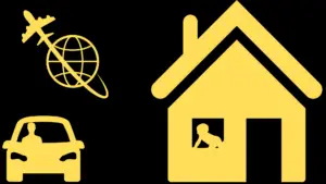 Moving House with a Child Arrangements Order. A house with a child looking out a window, a car with a driver, and a plane orbiting a globe, symbolizing UK and international child relocation for fathers.