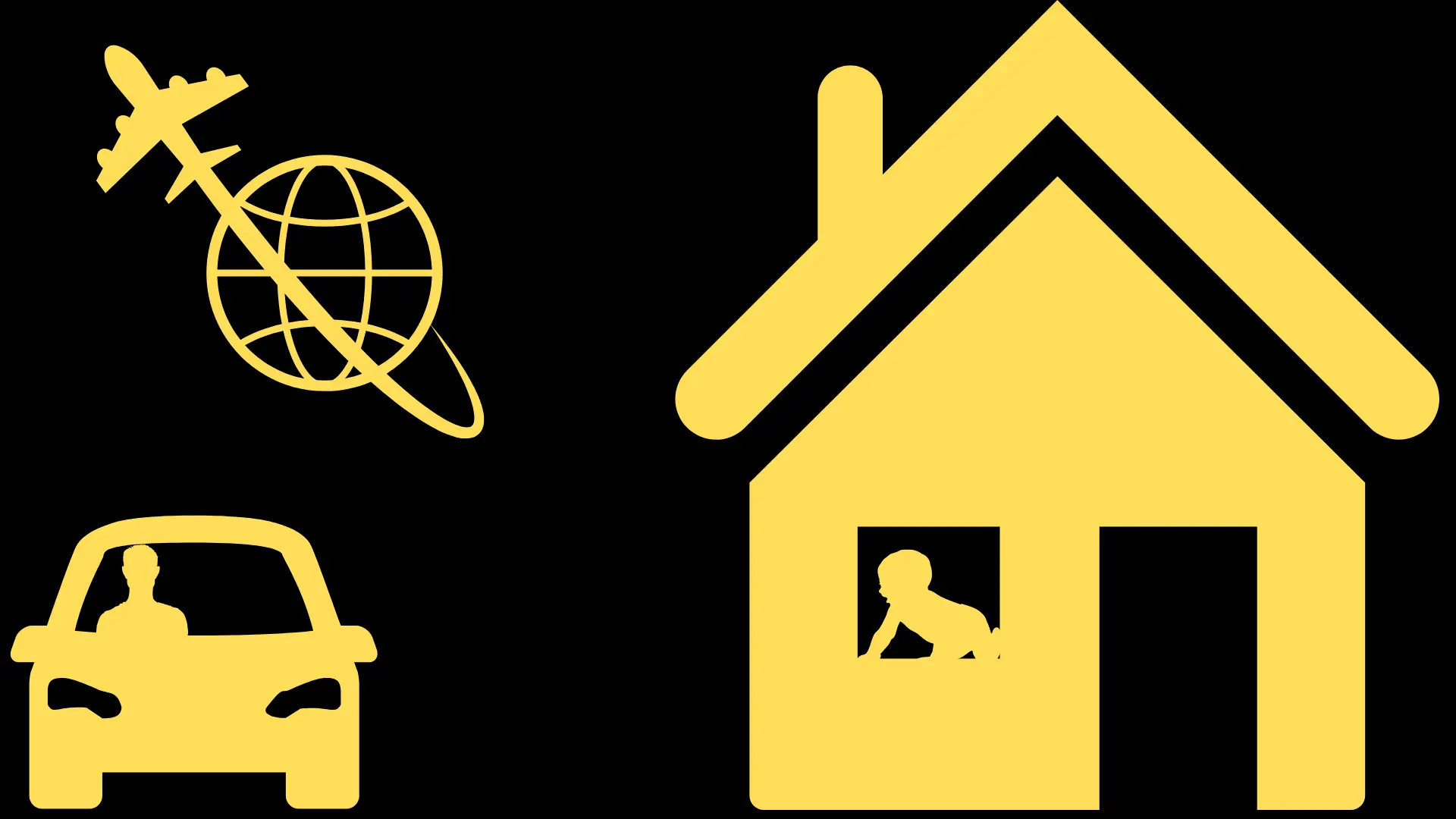 Moving House with a Child Arrangements Order. A house with a child looking out a window, a car with a driver, and a plane orbiting a globe, symbolizing UK and international child relocation for fathers.