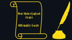 Non Molestation Order: Scroll with 'Non Molestation Order Ultimate Guide' text and a feather quill with ink pot."